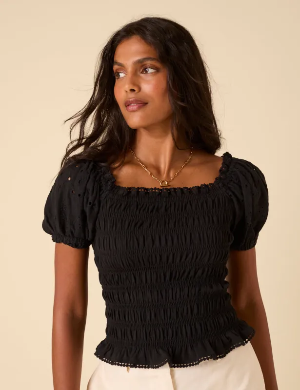 Black Puff Sleeve Ruched Top sold by Nobody's Child