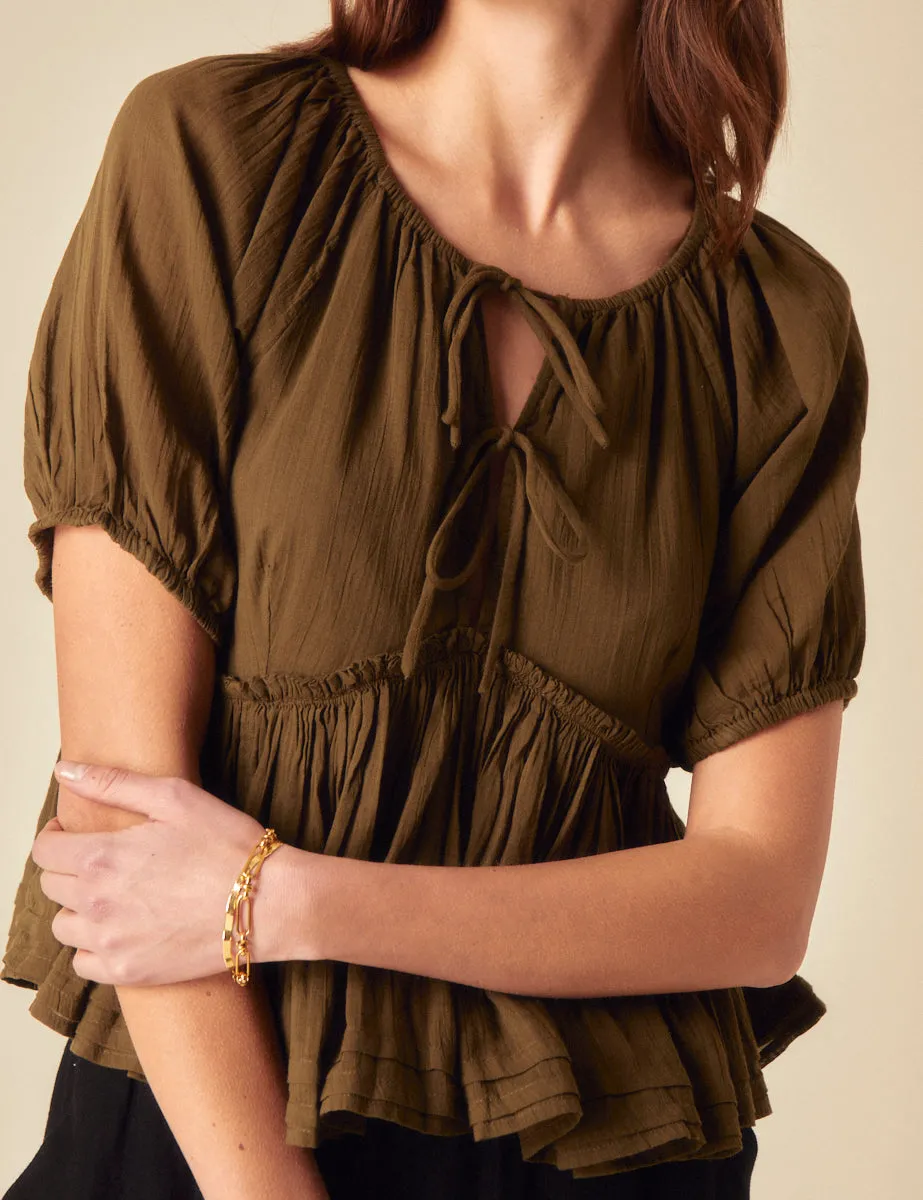 Khaki Tie Front Peplum Top sold by Nobody's Child product image thumbnail 4