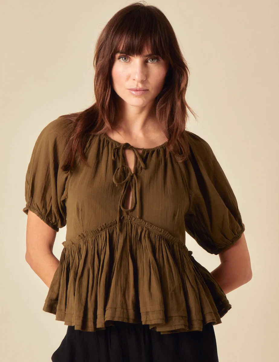 Khaki Tie Front Peplum Top sold by Nobody's Child
