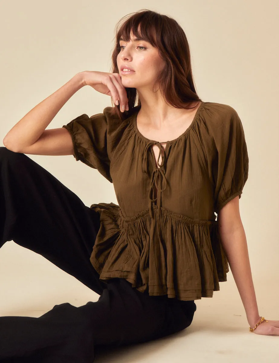 Khaki Tie Front Peplum Top sold by Nobody's Child product image thumbnail 2