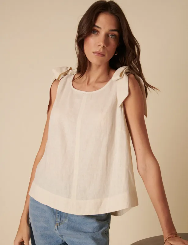 Cream Linen-blend Tie Shoulder Swing Top sold by Nobody's Child