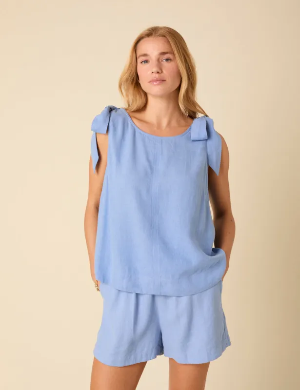 Blue Linen-blend Tie Shoulder Swing Top sold by Nobody's Child