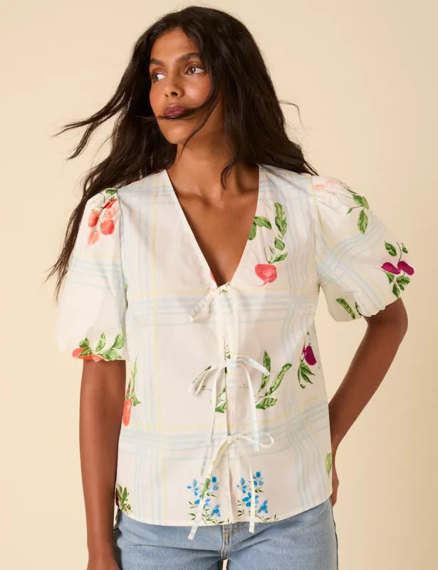 White Fruit Print Tie Front Blouse sold by Nobody's Child
