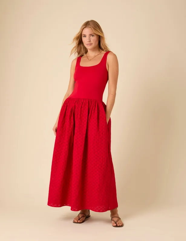 Red Broderie Anglaise Colorado Midi Dress sold by Nobody's Child