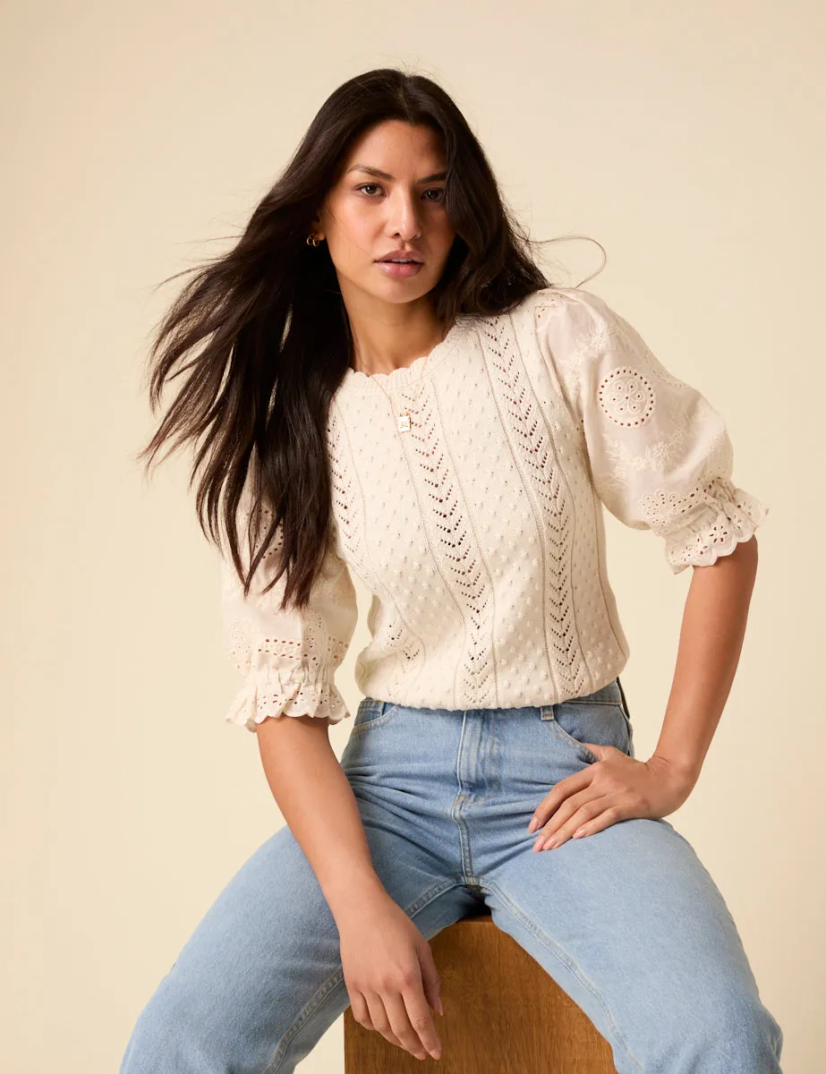 White Broderie Anglaise Knitted Top sold by Nobody's Child product image thumbnail 4