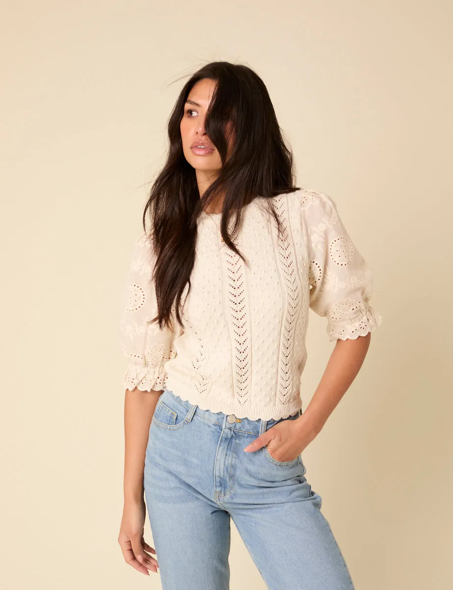 White Broderie Anglaise Knitted Top sold by Nobody's Child product image thumbnail 2