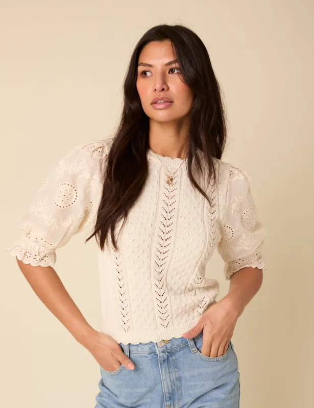 White Broderie Anglaise Knitted Top sold by Nobody's Child