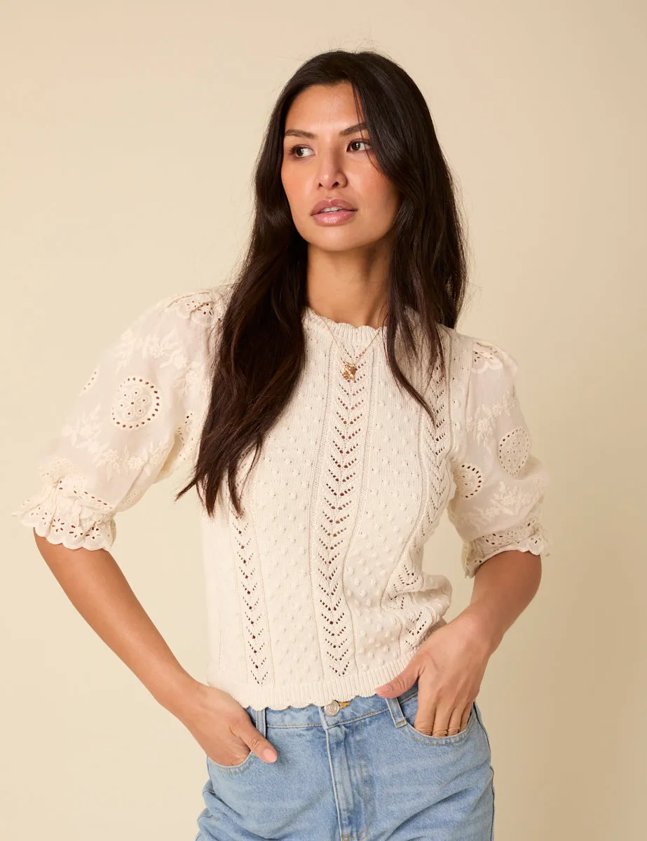 White Broderie Anglaise Knitted Top sold by Nobody's Child