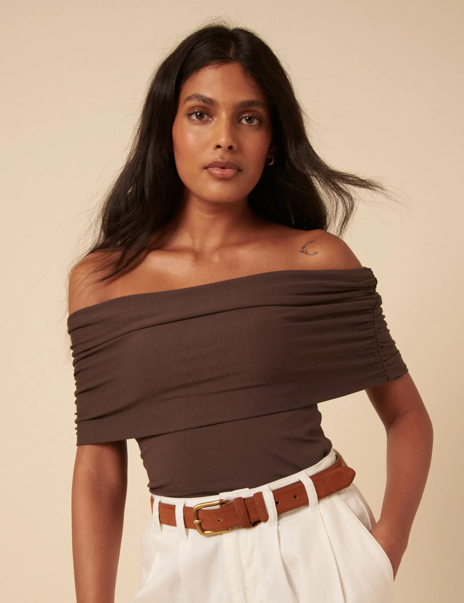Brown Off Shoulder Ruched Top sold by Nobody's Child