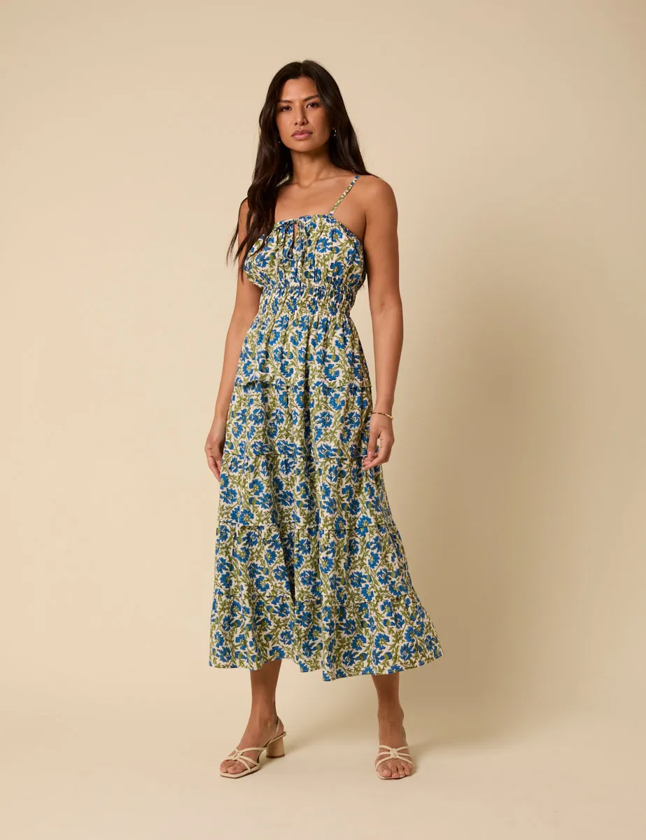 Blue and Green Woodblock Printed Olivia Midi Dress sold by Nobody's Child product image thumbnail 4