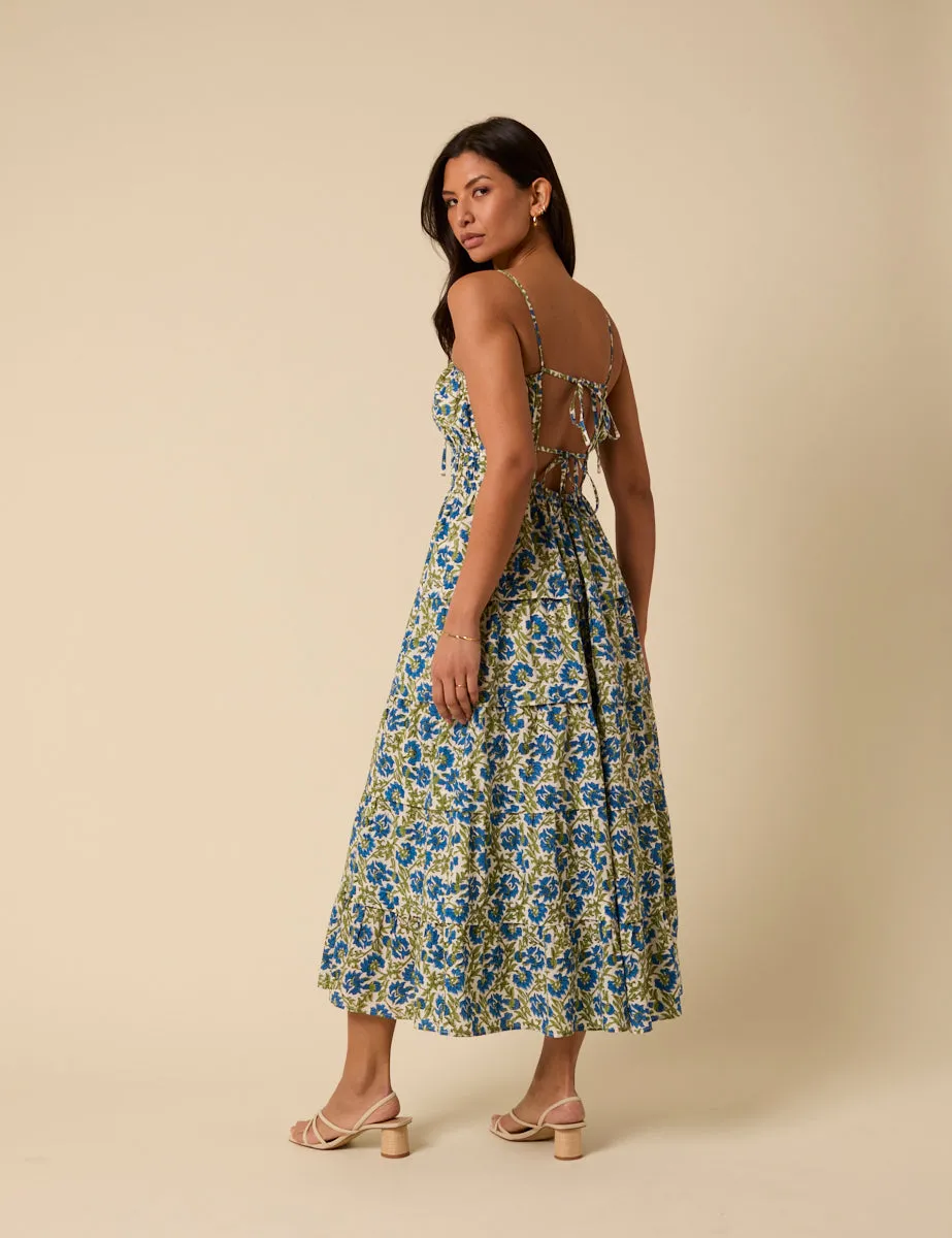Blue and Green Woodblock Printed Olivia Midi Dress sold by Nobody's Child product image thumbnail 5