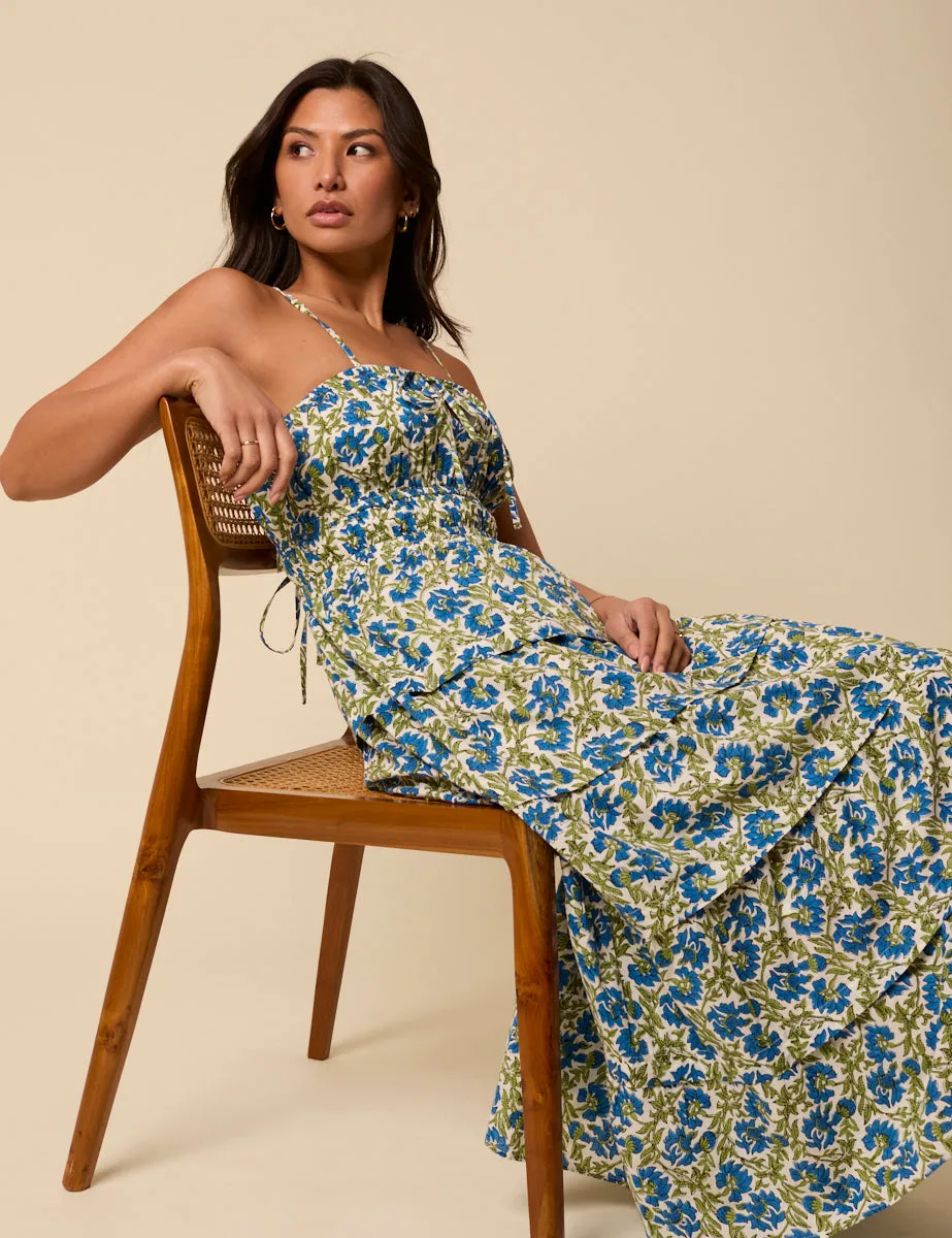 Blue and Green Woodblock Printed Olivia Midi Dress sold by Nobody's Child