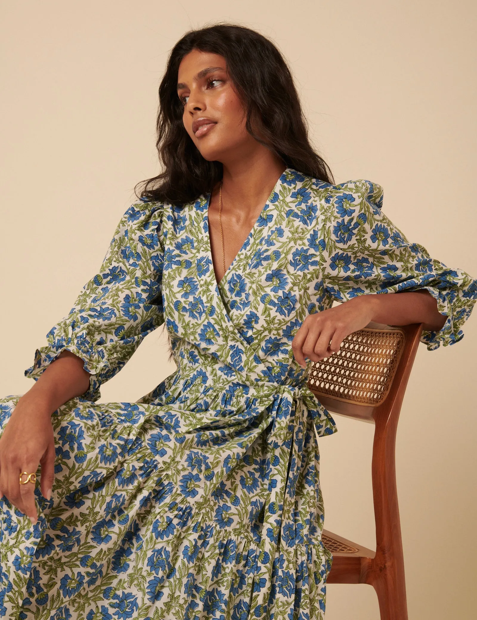 Blue and Green Woodblock Printed Luna Midi Dress sold by Nobody's Child product image thumbnail 4