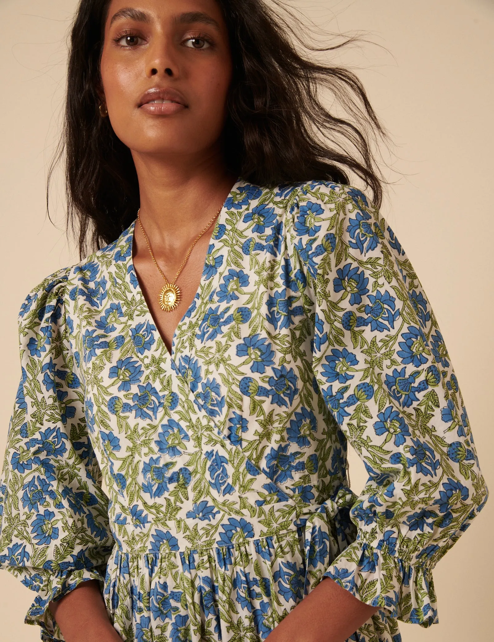 Blue and Green Woodblock Printed Luna Midi Dress sold by Nobody's Child product image thumbnail 2