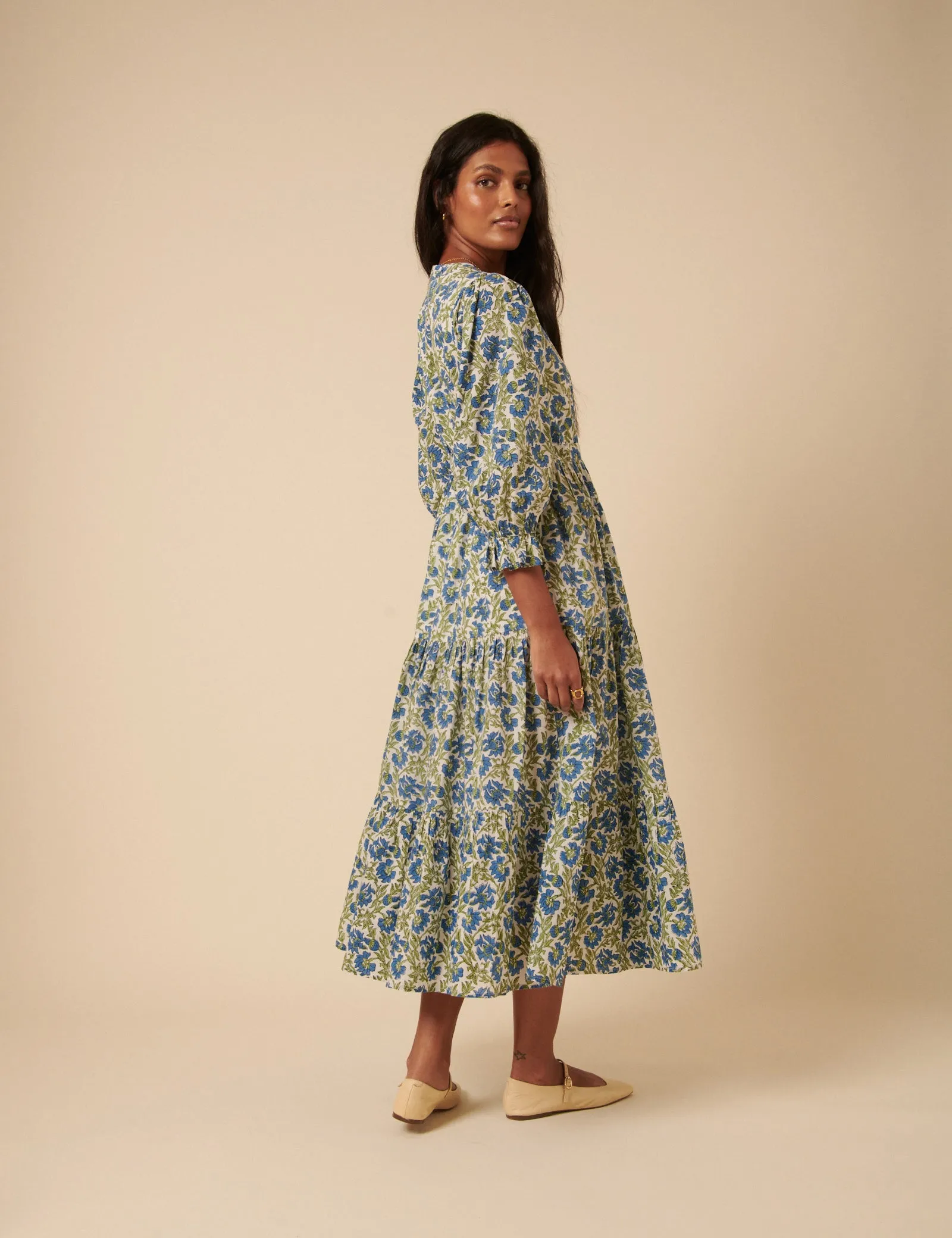 Blue and Green Woodblock Printed Luna Midi Dress sold by Nobody's Child product image thumbnail 5