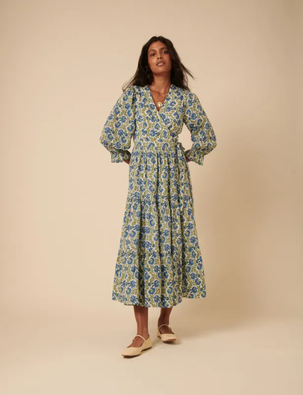 Blue and Green Woodblock Printed Luna Midi Dress sold by Nobody's Child