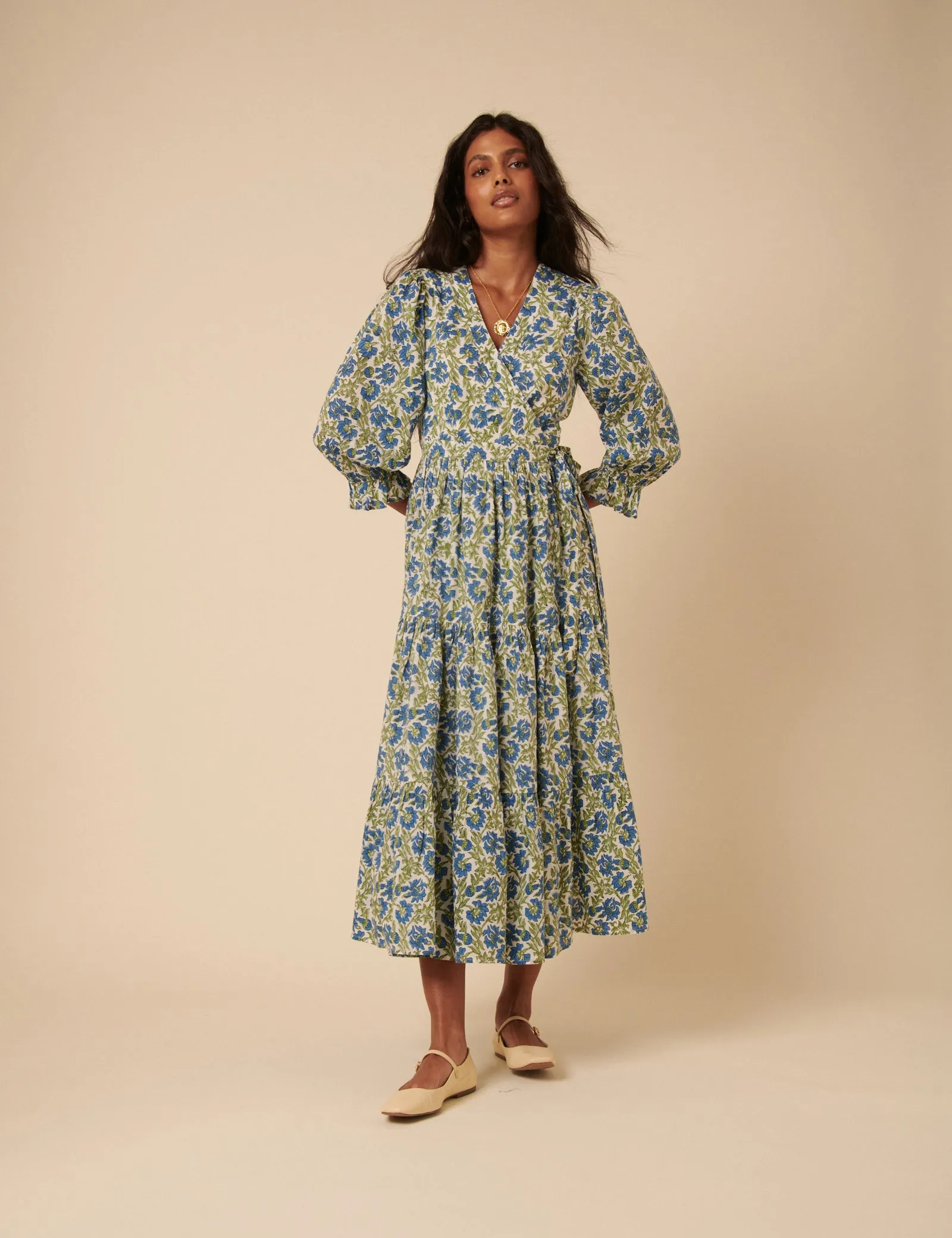 Blue and Green Woodblock Printed Luna Midi Dress sold by Nobody's Child