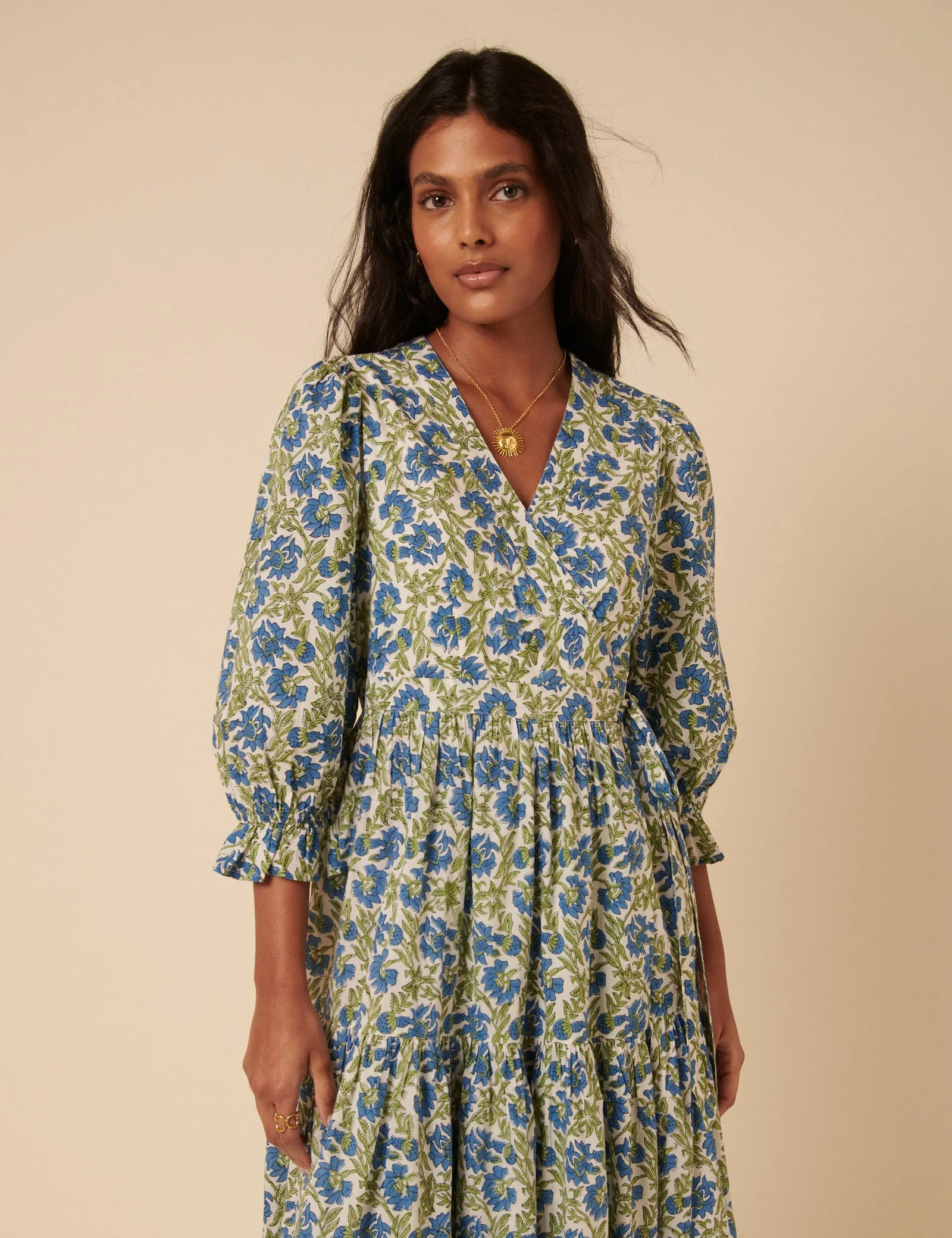 Blue and Green Woodblock Printed Luna Midi Dress sold by Nobody's Child product image thumbnail 3