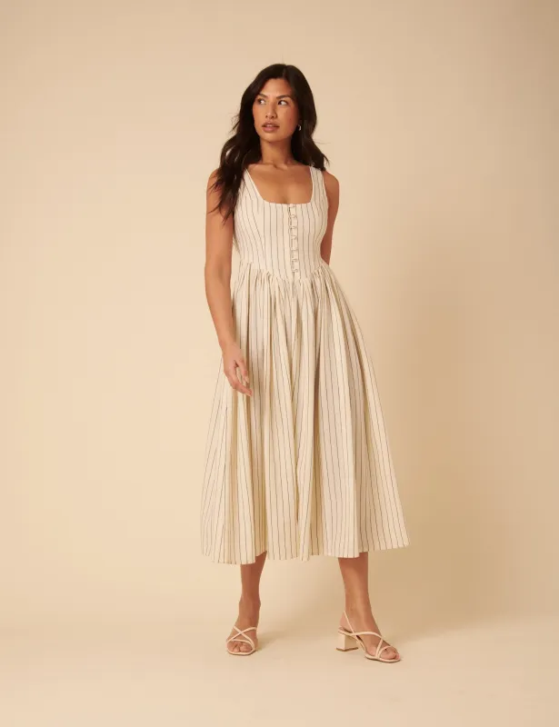Cream Striped Drop Waist Cora Midi Dress sold by Nobody's Child