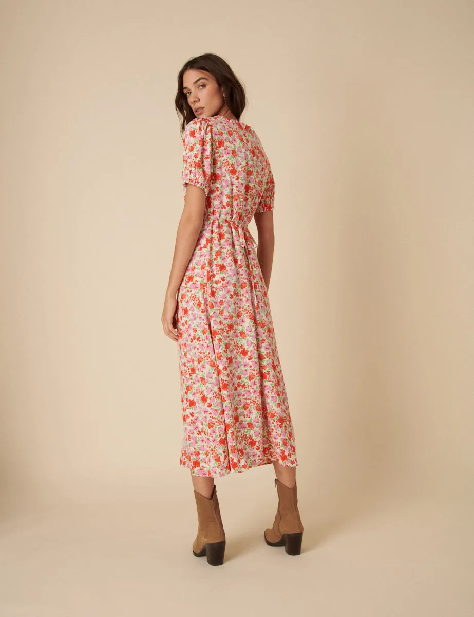 Pink Floral Puff Sleeve Prairie Midi Dress sold by Nobody's Child product image thumbnail 4