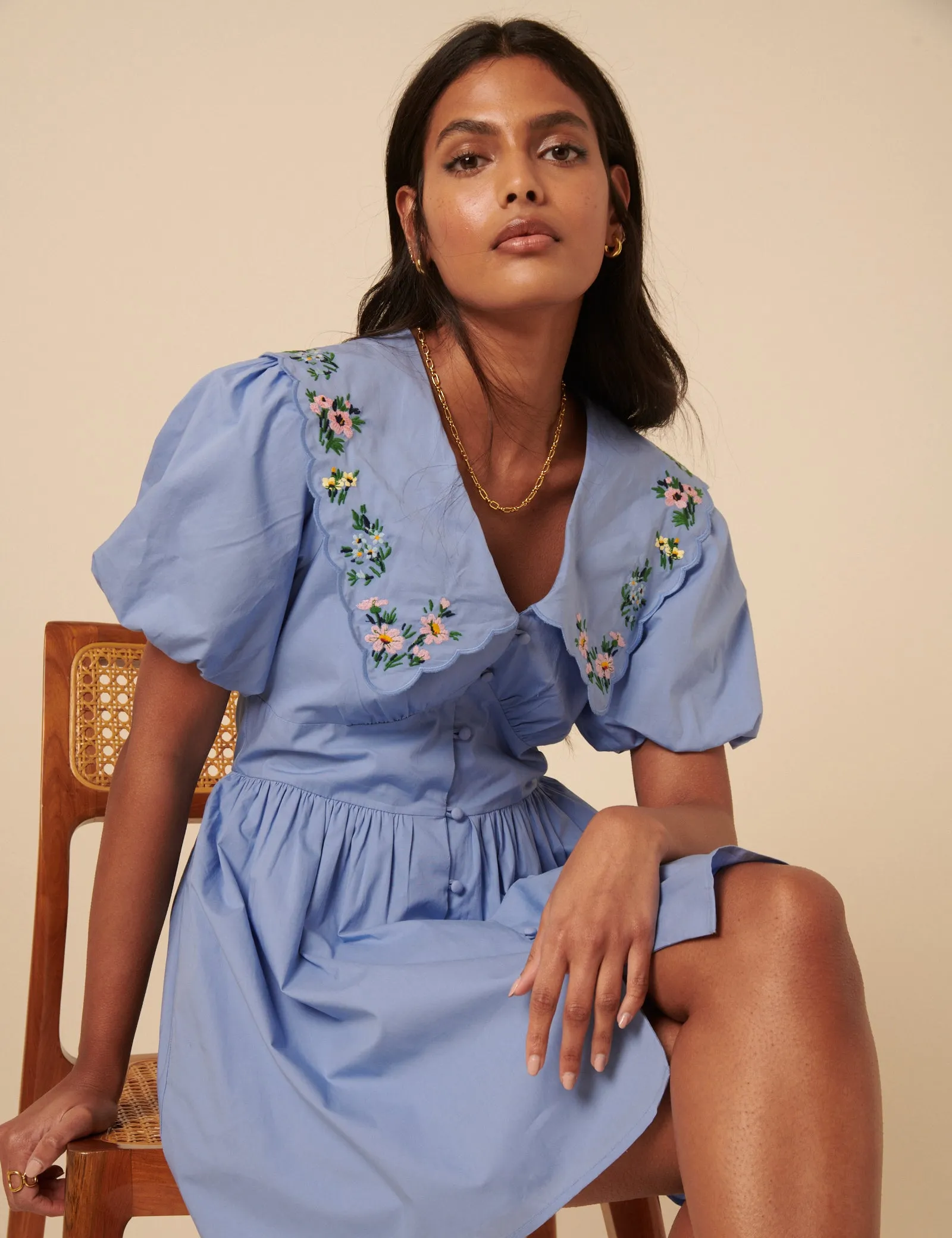 Blue Floral Embroidered Birdie Mini Dress sold by Nobody's Child product image thumbnail 2