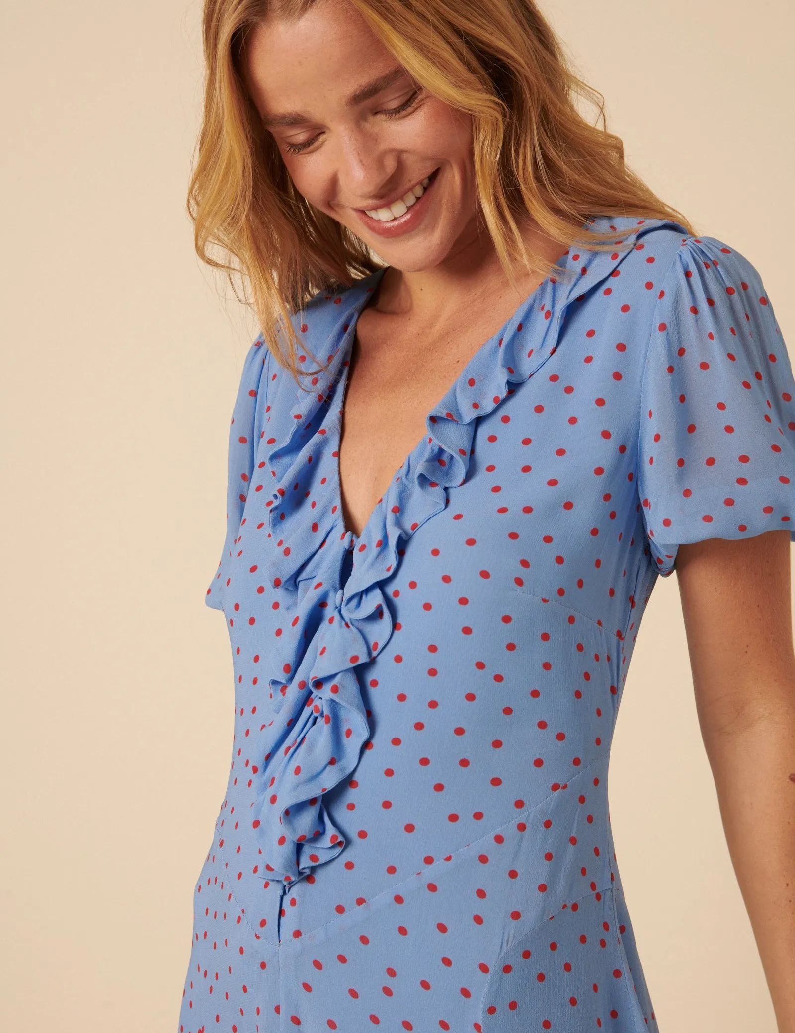 Poppy Delevingne Blue Polka Dot Josephine Mini Dress sold by Nobody's Child product image thumbnail 2