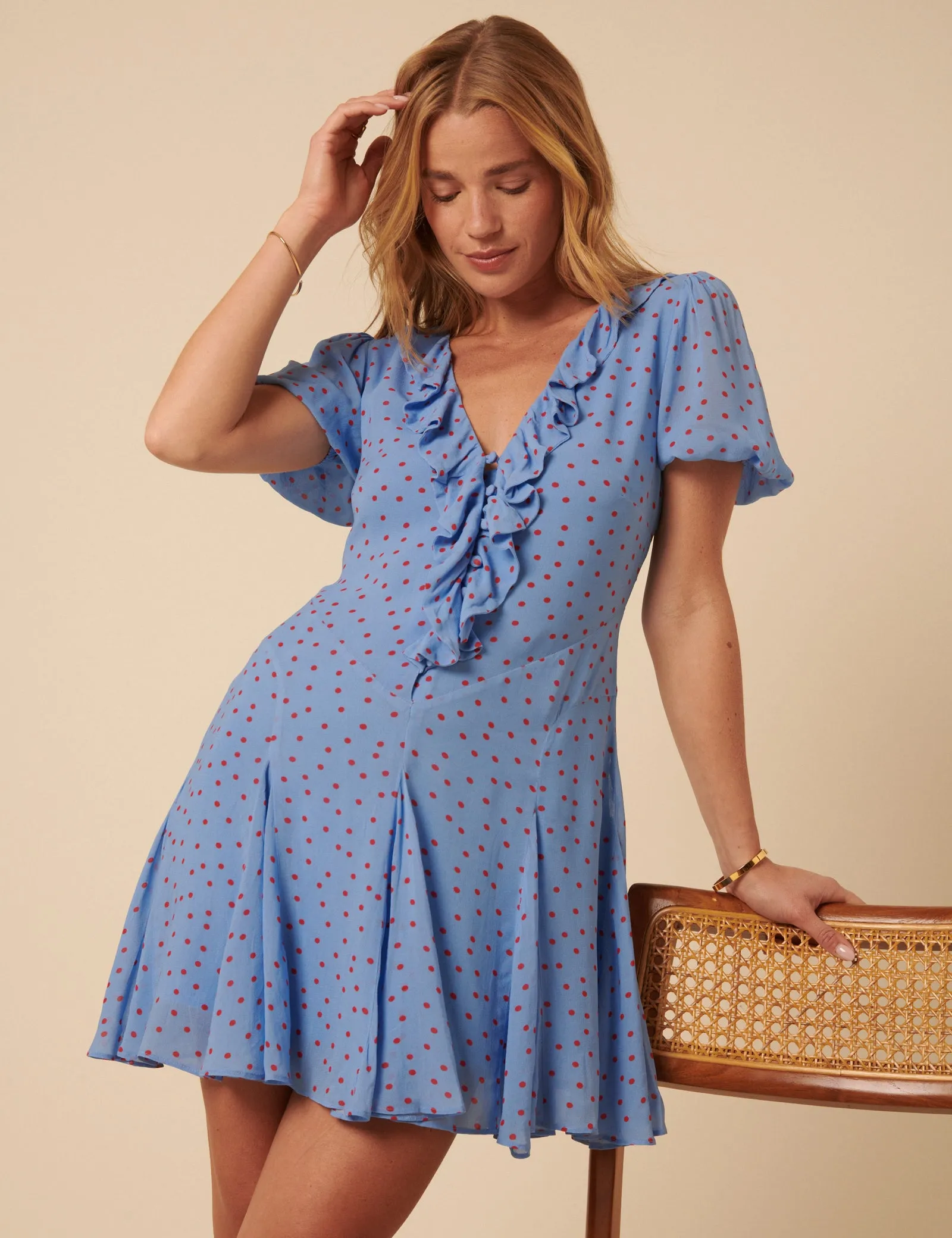 Poppy Delevingne Blue Polka Dot Josephine Mini Dress sold by Nobody's Child product image thumbnail 3
