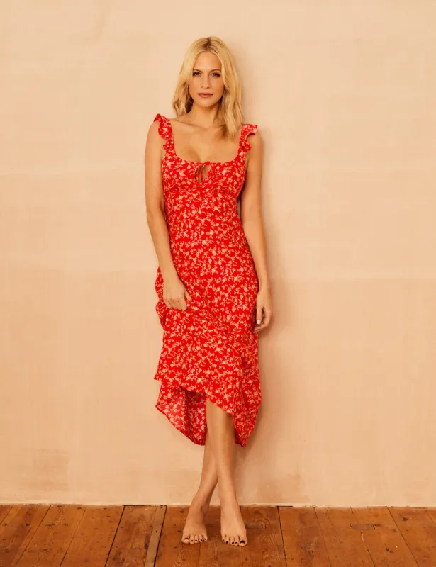 Poppy Delevingne Red Floral Laura Midi Dress sold by Nobody's Child