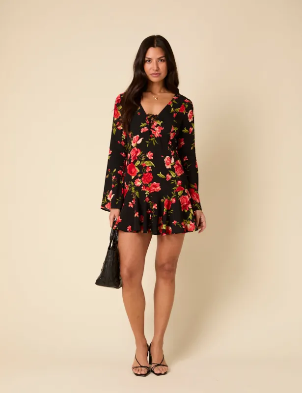 Poppy Delevingne Black Floral Willa Mini Dress sold by Nobody's Child