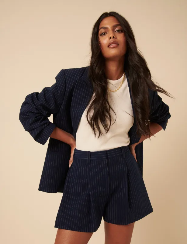 Poppy Delevingne Navy Pinstripe Cara Shorts sold by Nobody's Child