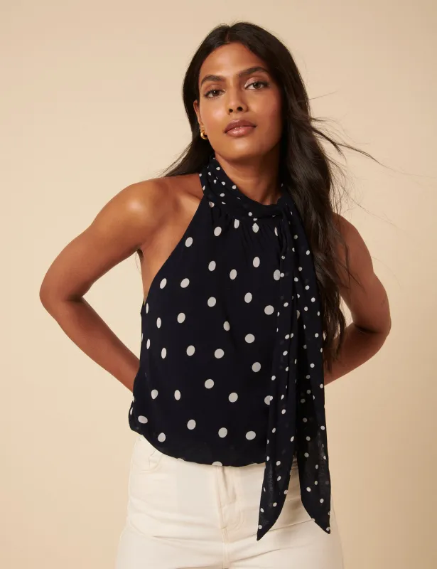 Poppy Delevingne Navy Tie Neck Alexa Bodysuit Top sold by Nobody's Child