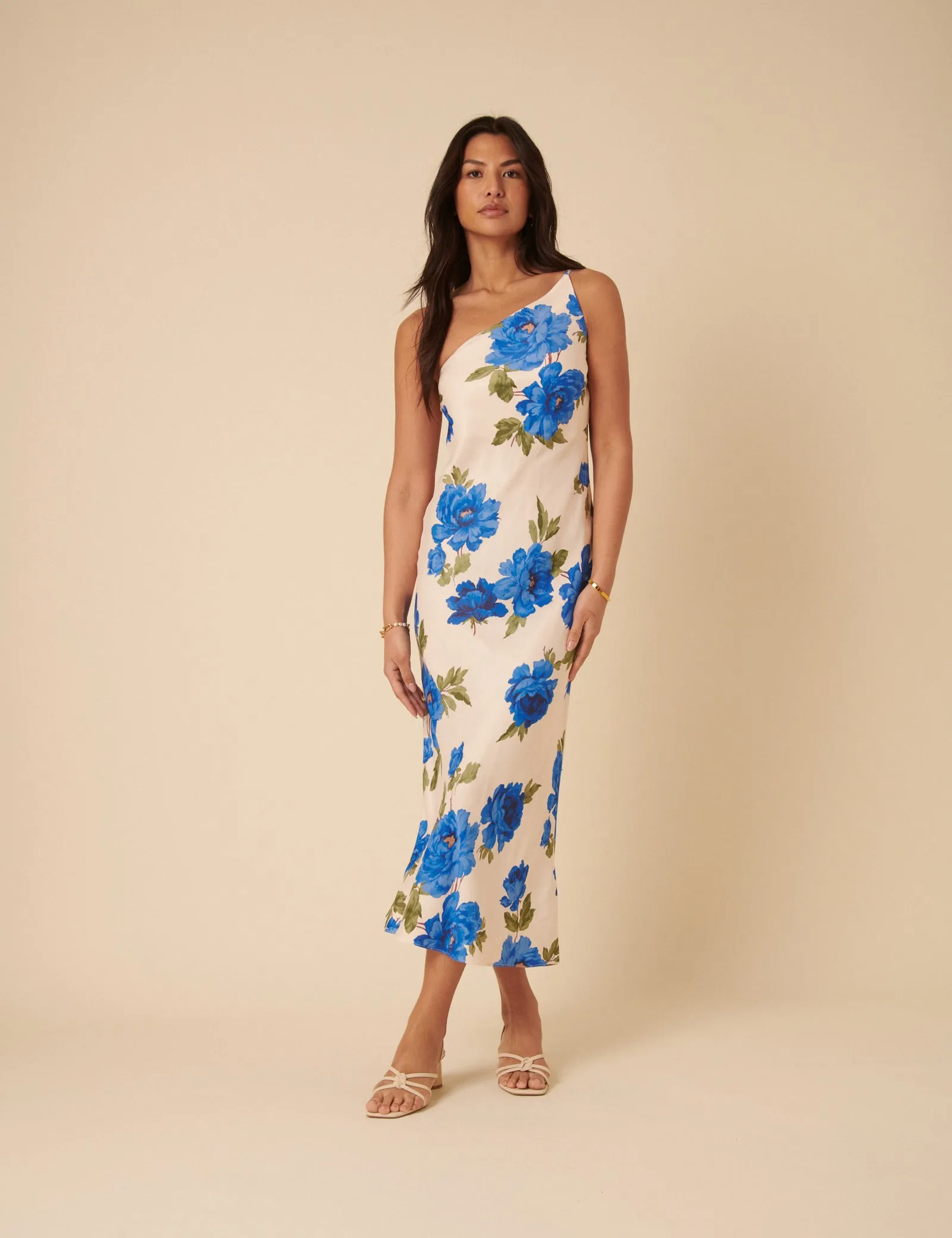 Cream One Shoulder Floral Ellis Midi Dress sold by Nobody's Child