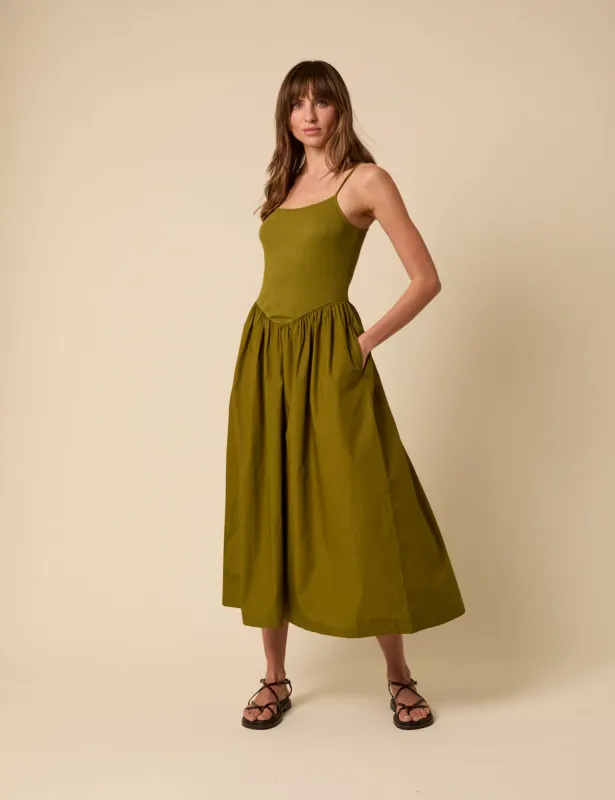 Green Ribbed Drop Waist Strappy Midi Dress sold by Nobody's Child