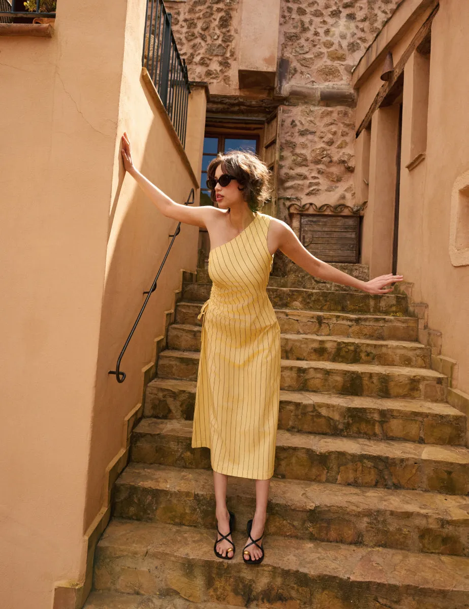 Yellow Striped One Shoulder Una Midi Dress sold by Nobody's Child