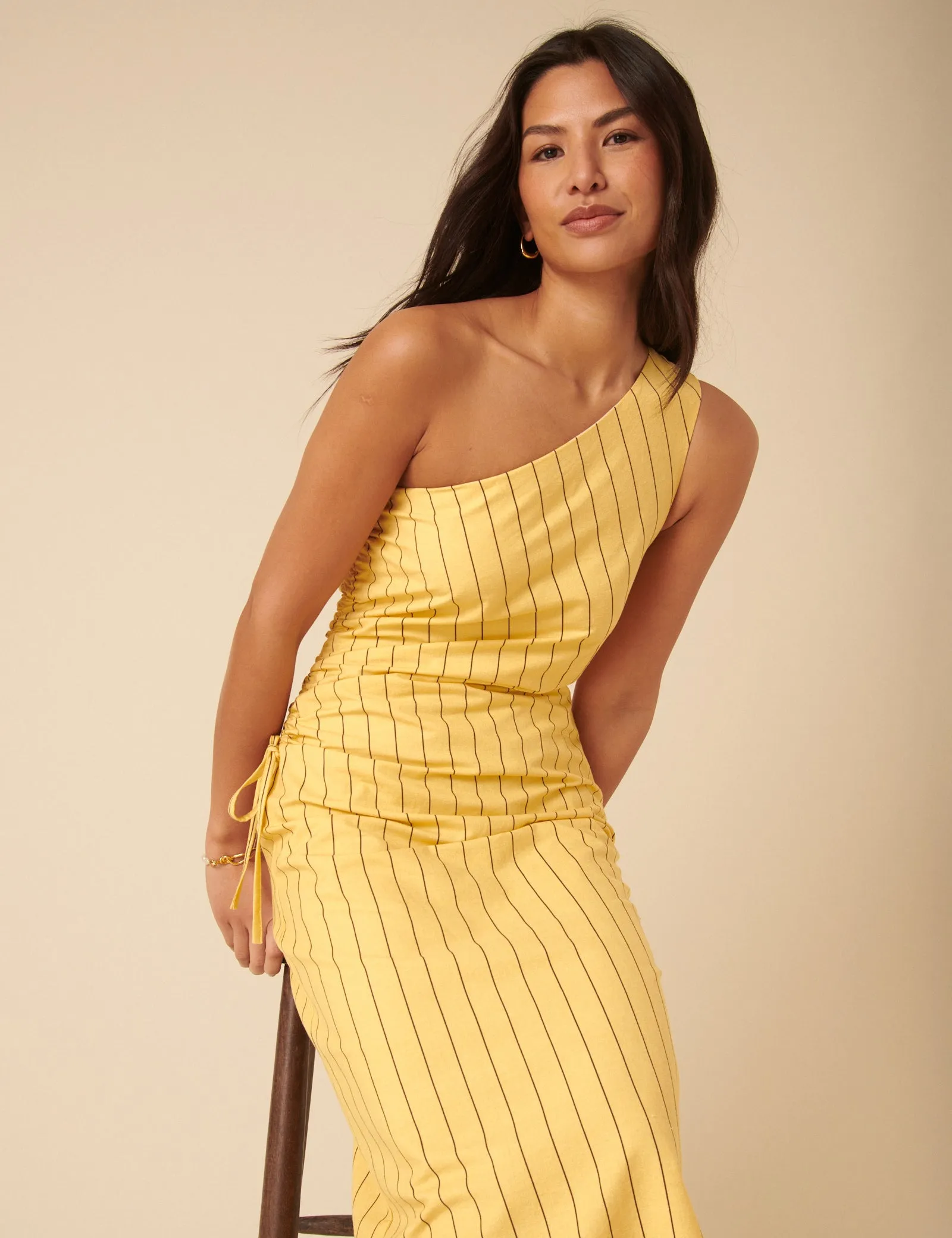 Yellow Striped One Shoulder Una Midi Dress sold by Nobody's Child product image thumbnail 3