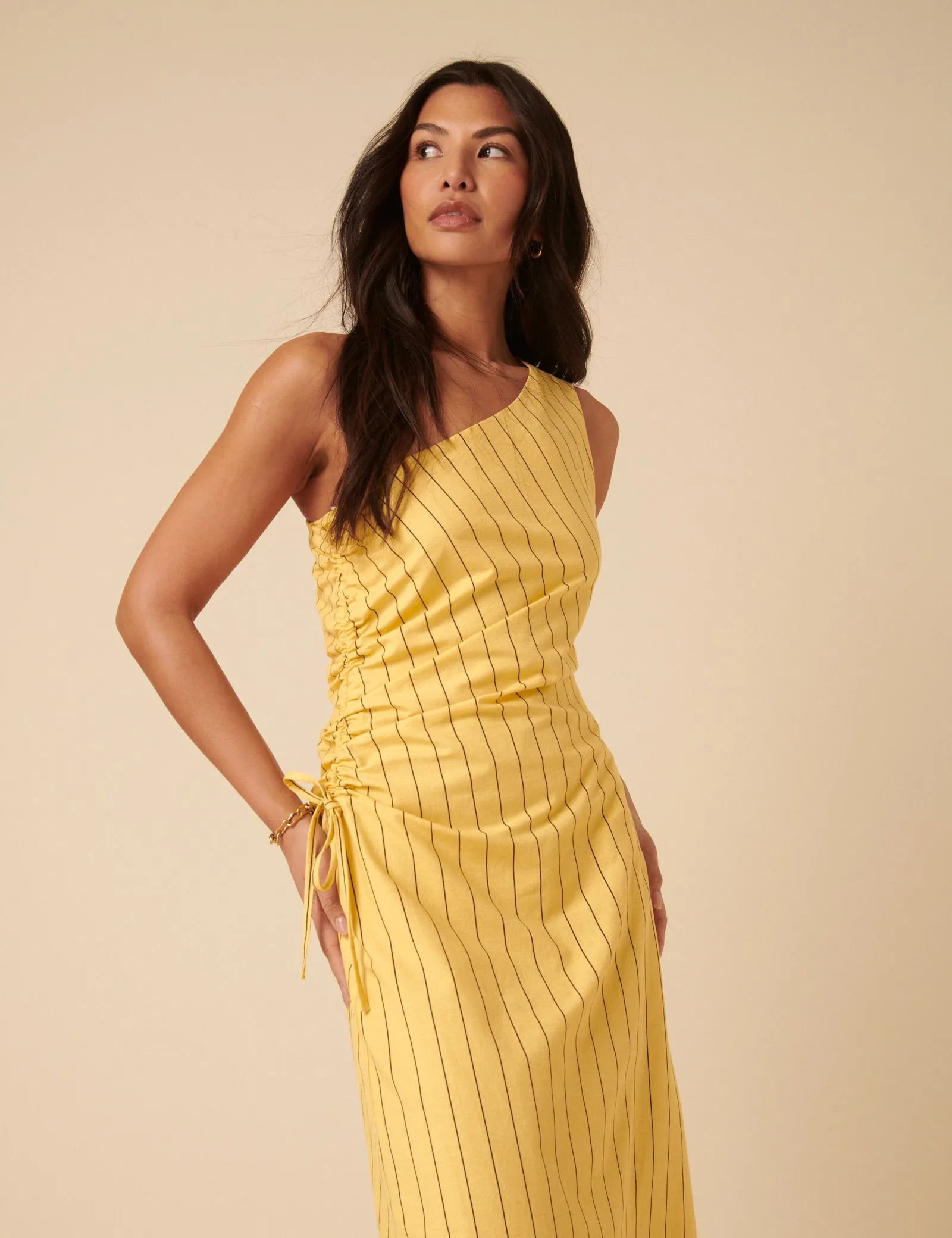 Yellow Striped One Shoulder Una Midi Dress sold by Nobody's Child product image thumbnail 4