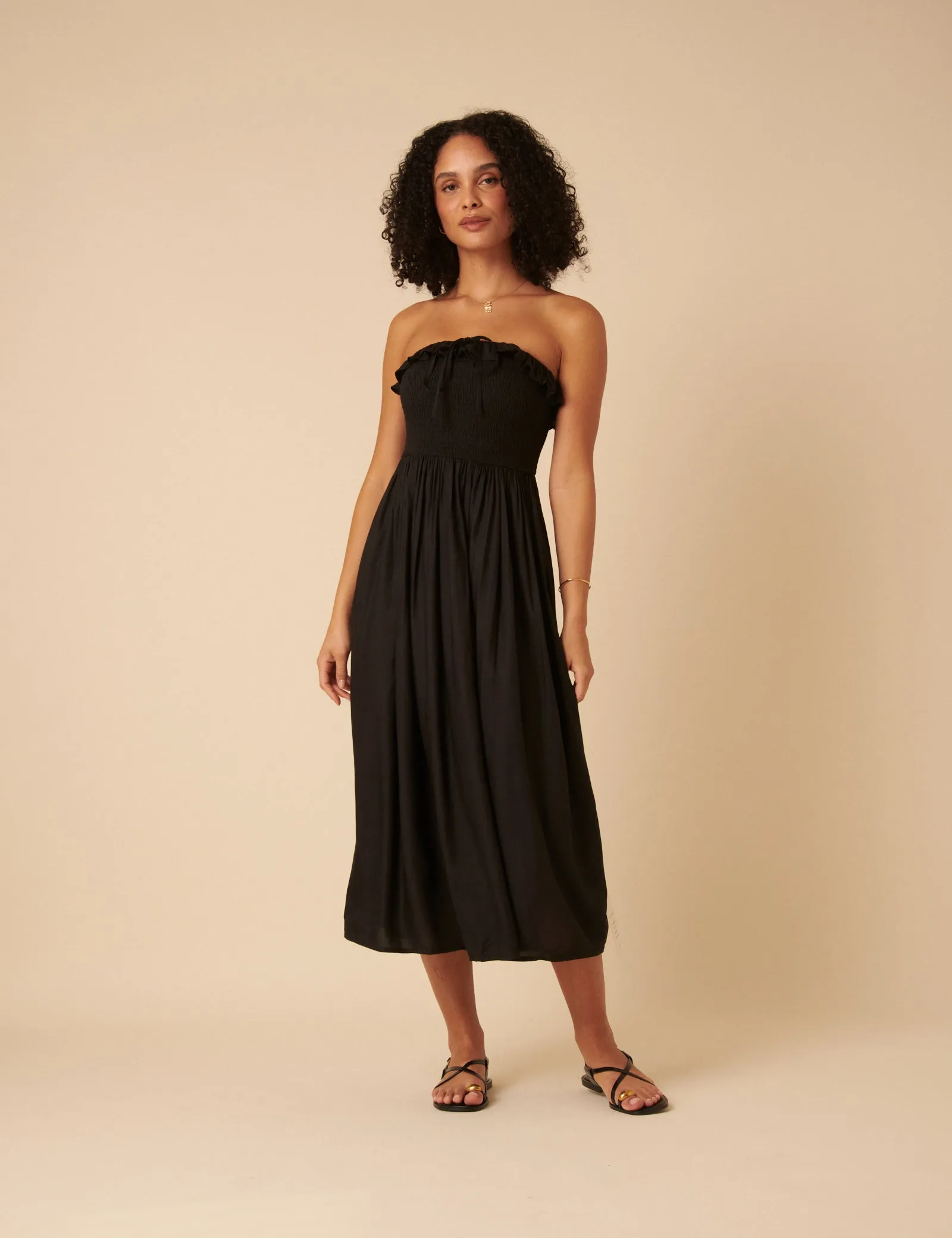 Black Bandeau Ruched Bela Midi Dress sold by Nobody's Child