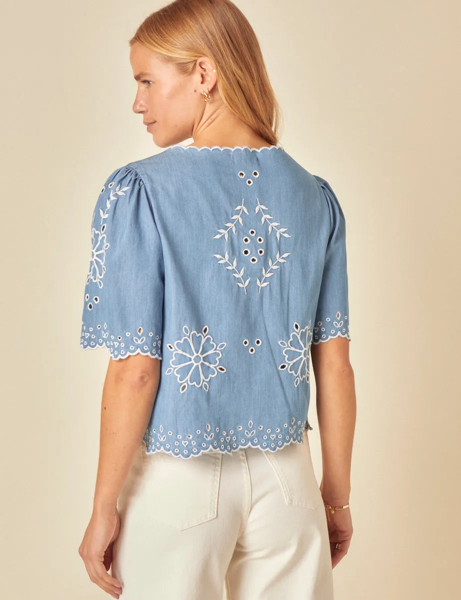 Blue Denim Embroidered Tie Front Blouse sold by Nobody's Child product image thumbnail 5
