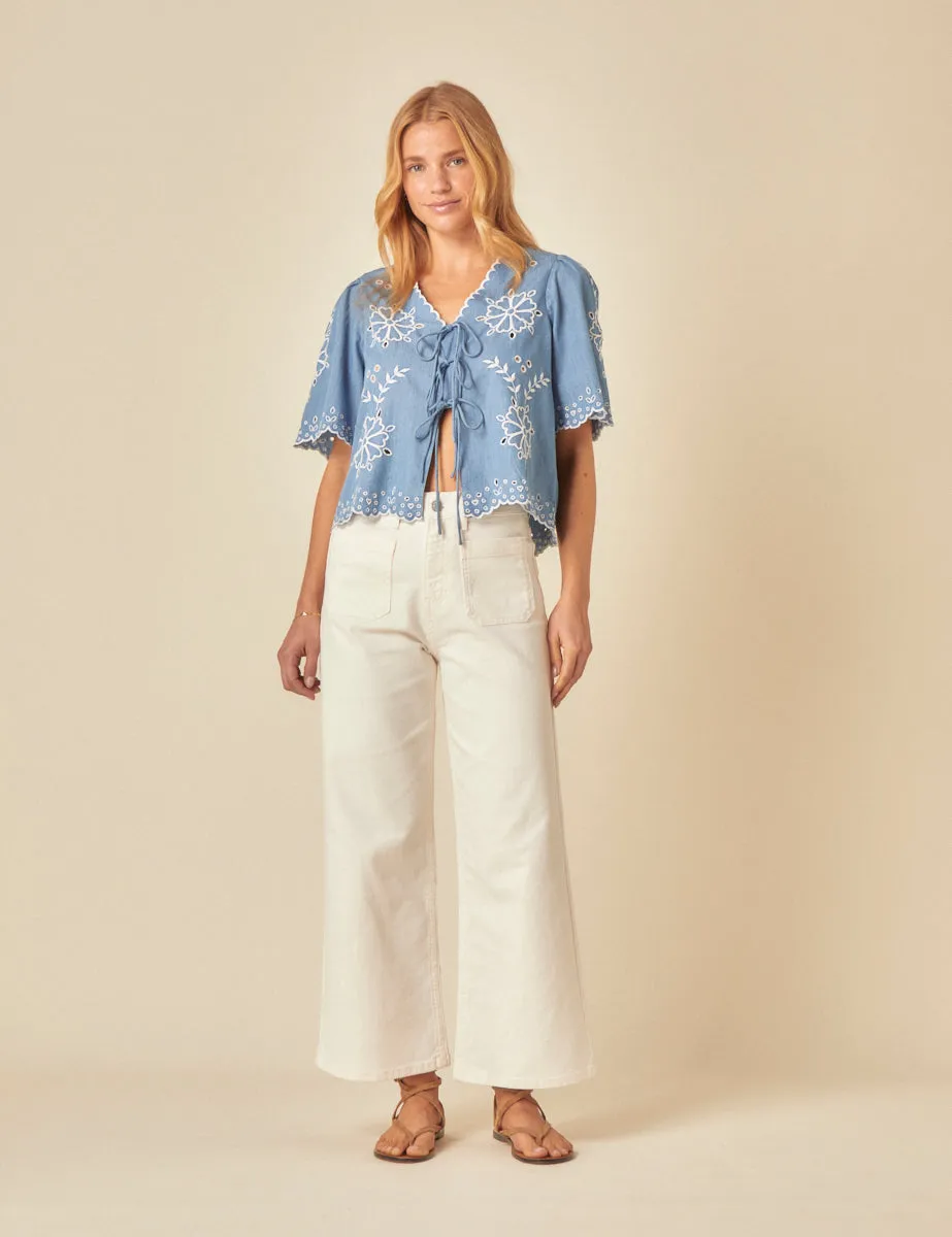 Blue Denim Embroidered Tie Front Blouse sold by Nobody's Child product image thumbnail 4