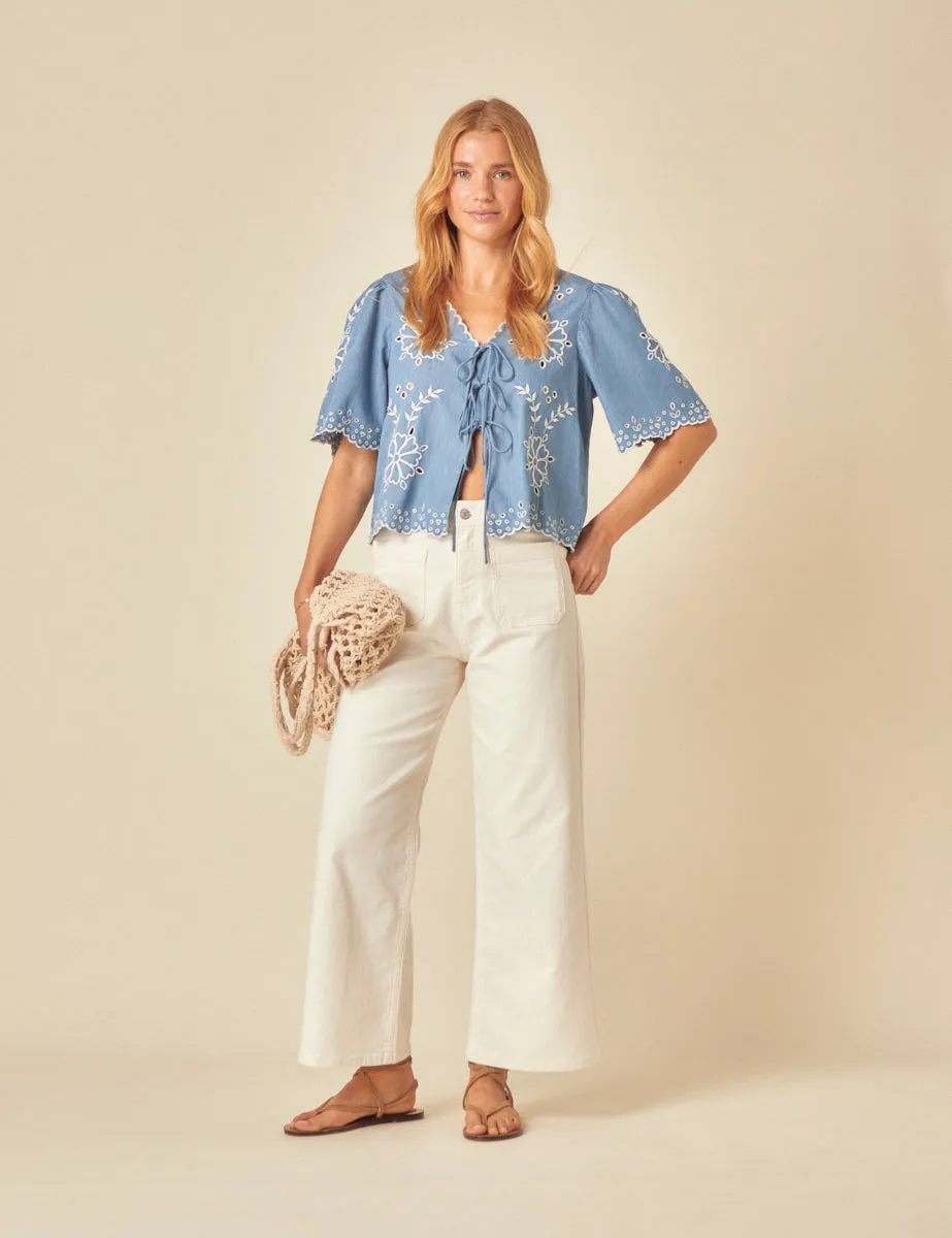 Blue Denim Embroidered Tie Front Blouse sold by Nobody's Child product image thumbnail 3