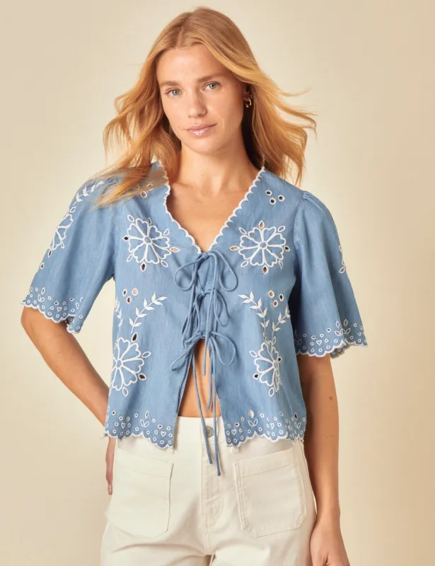 Blue Denim Embroidered Tie Front Blouse sold by Nobody's Child