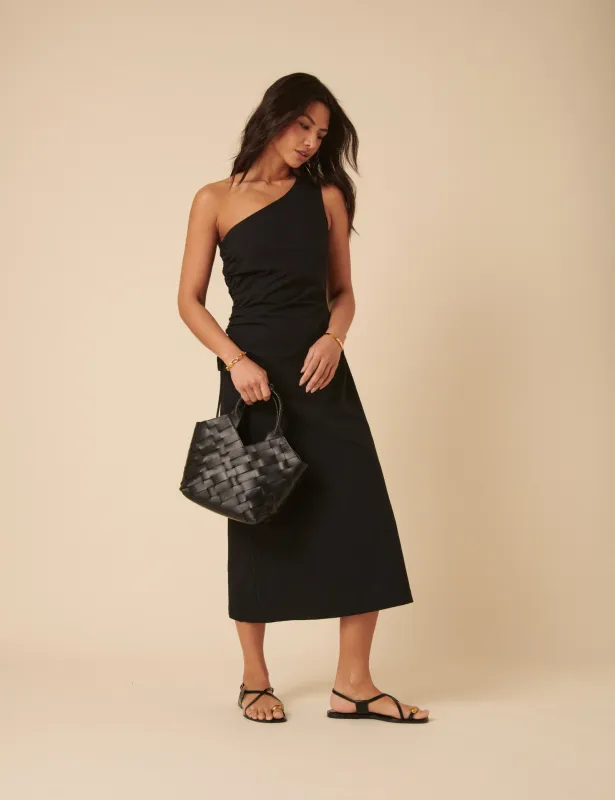 Black Striped One Shoulder Una Midi Dress sold by Nobody's Child