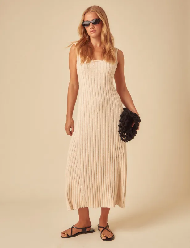 Cream Ribbed Knitted Midi Dress sold by Nobody's Child