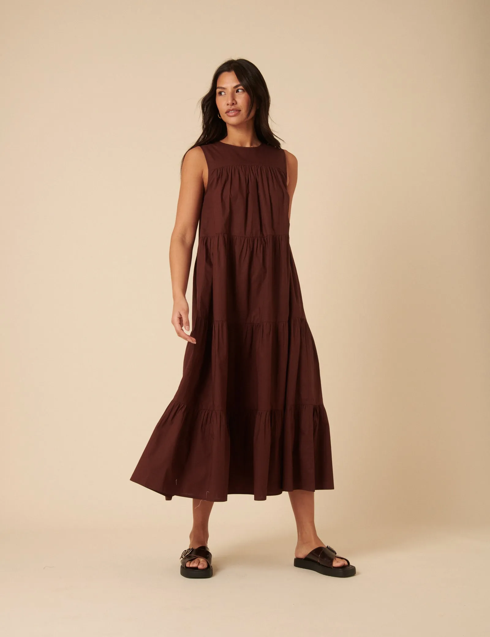 Brown Tiered Rosalind Midi Dress sold by Nobody's Child