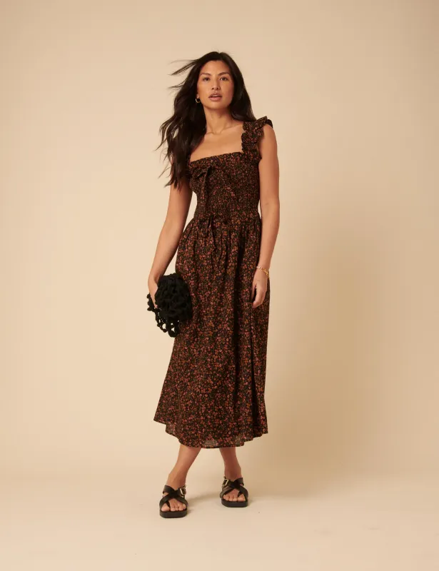 Black Ditsy Floral Christina Midi Dress sold by Nobody's Child