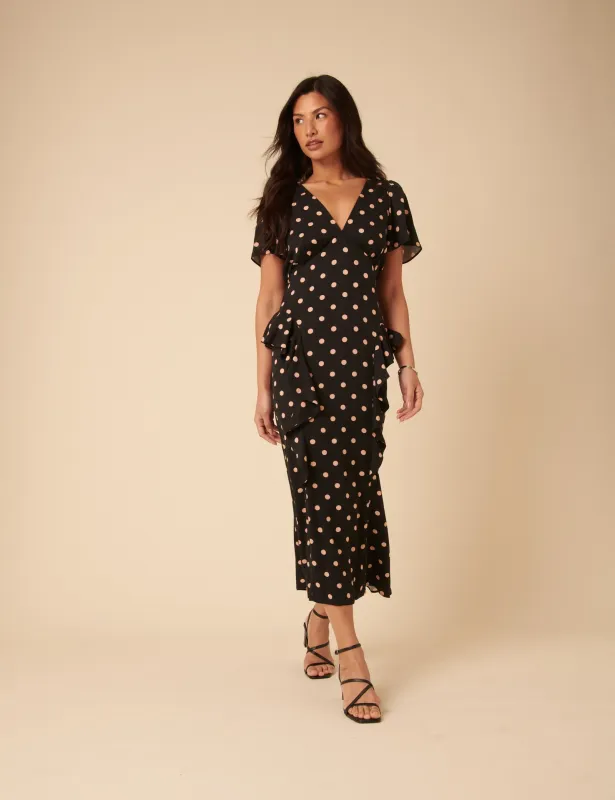 Black Polka Dot Ruffle Lyndsey Midi Dress sold by Nobody's Child