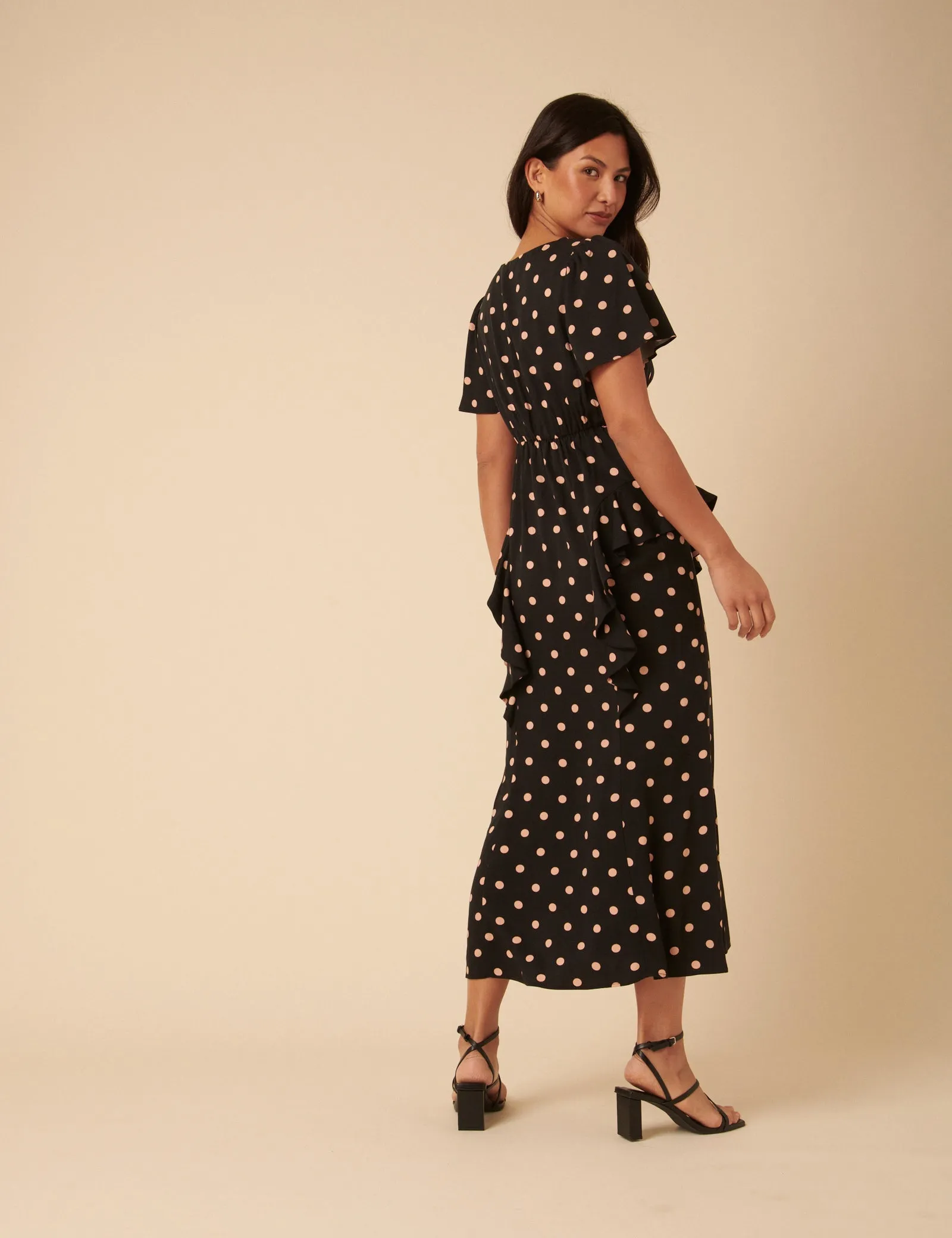 Black Polka Dot Ruffle Lyndsey Midi Dress sold by Nobody's Child product image thumbnail 5
