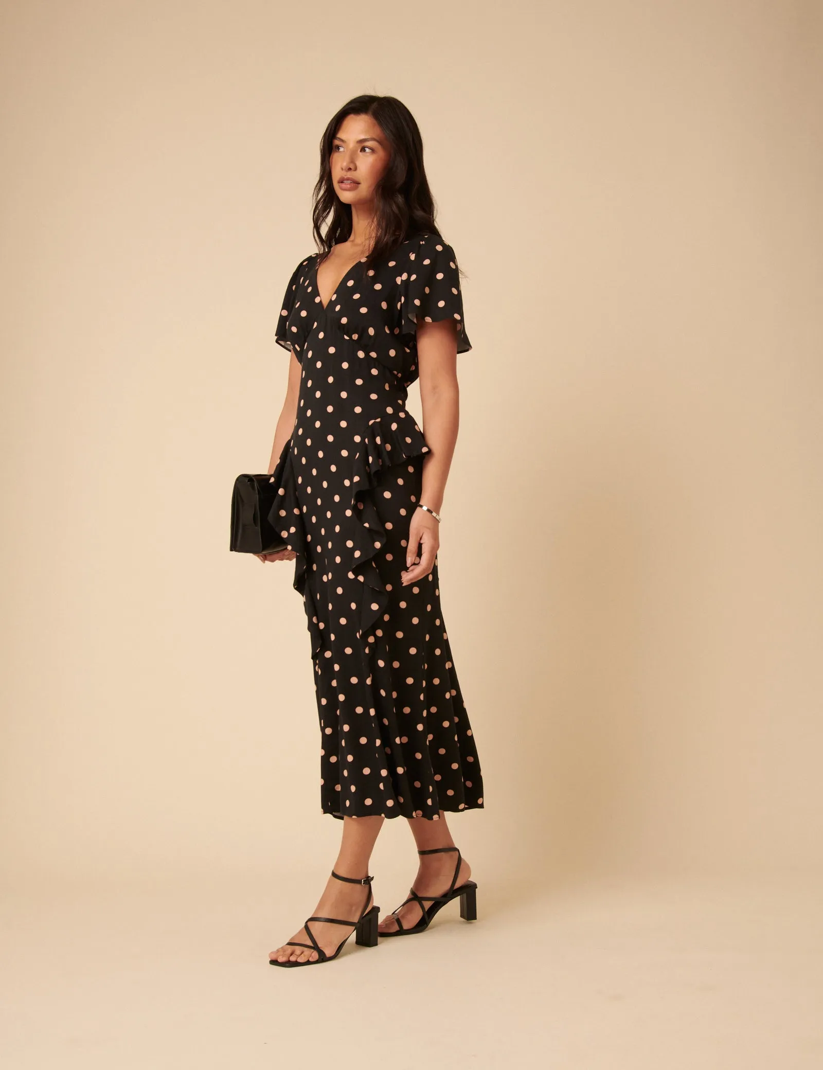 Black Polka Dot Ruffle Lyndsey Midi Dress sold by Nobody's Child product image thumbnail 4