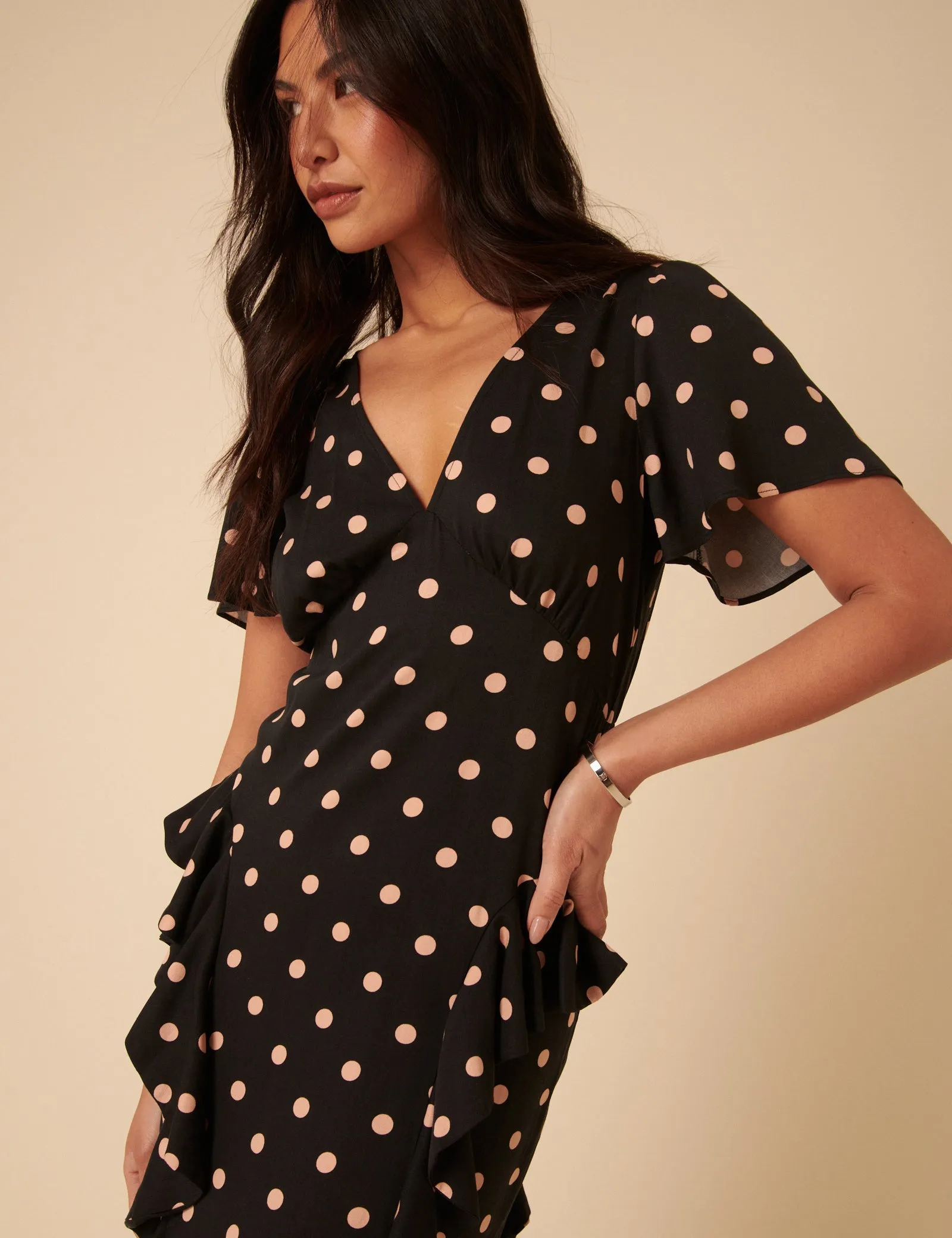 Black Polka Dot Ruffle Lyndsey Midi Dress sold by Nobody's Child product image thumbnail 2