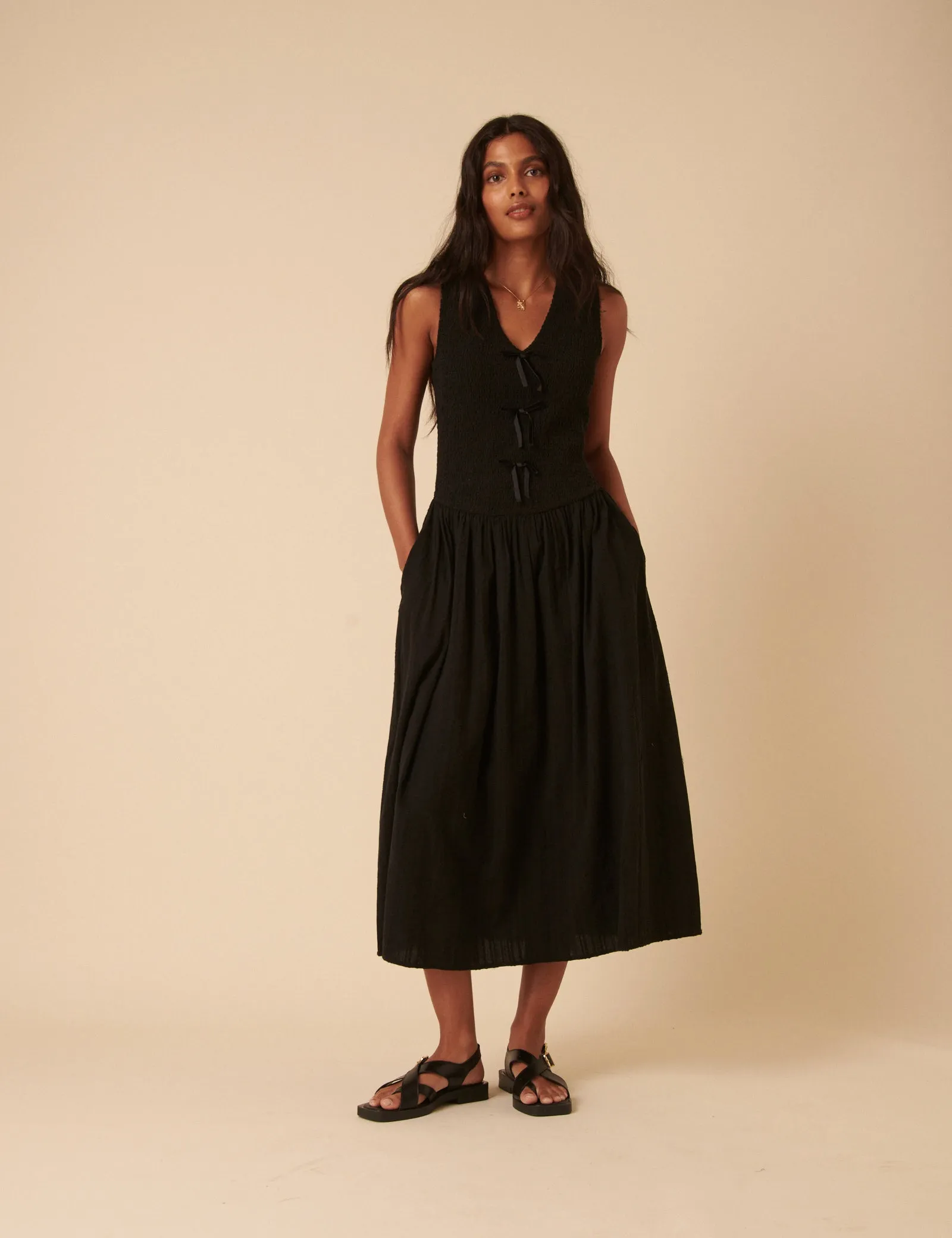 Black Bow Front Luisa Midi Dress sold by Nobody's Child